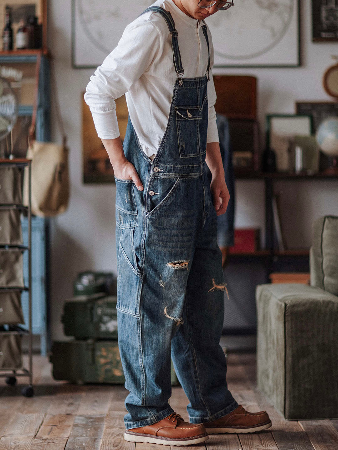 Men's Denim Overalls Distressed Blue Cotton 0
