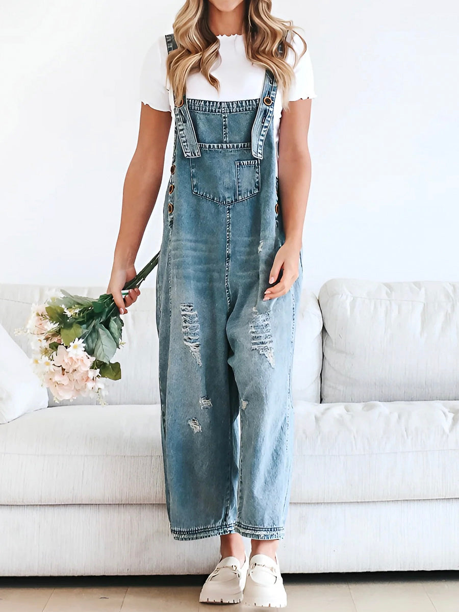 Women's Distressed Denim Overalls Cotton 0