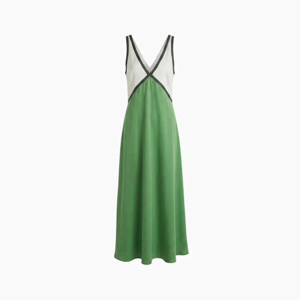 Women's Contrast Maxi Dress – V-Neck Elegant Flowy Fit – Camoufit