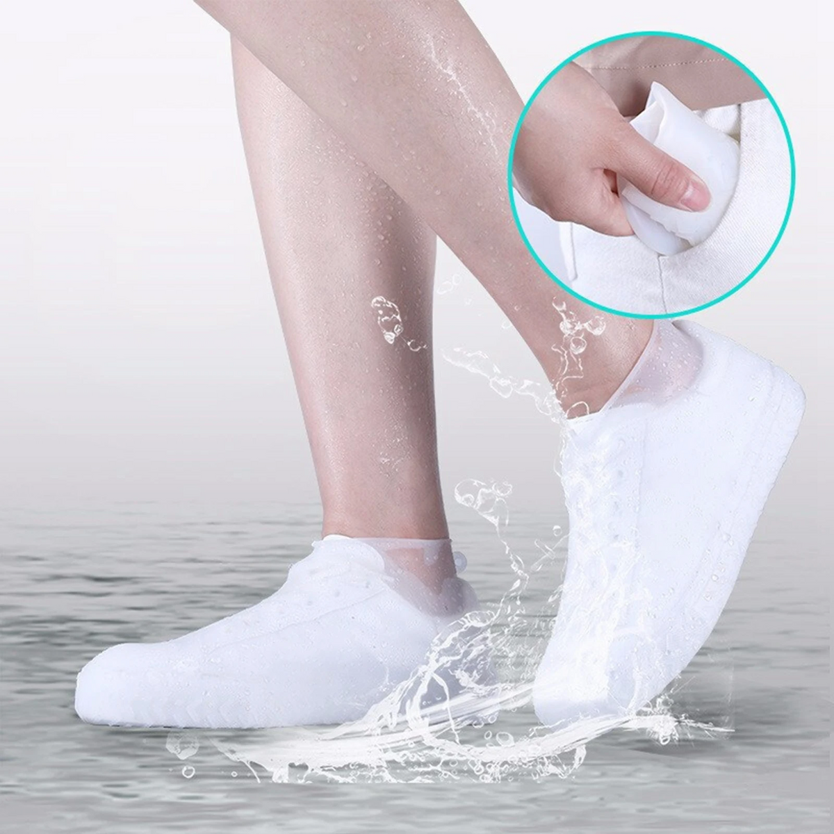 White waterproof shoe covers with elastic ankle, water-splash protection