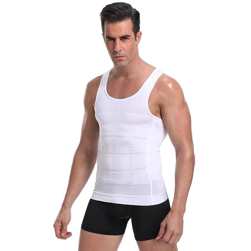 Men's compression tank undershirt, white sleeveless; front view on model