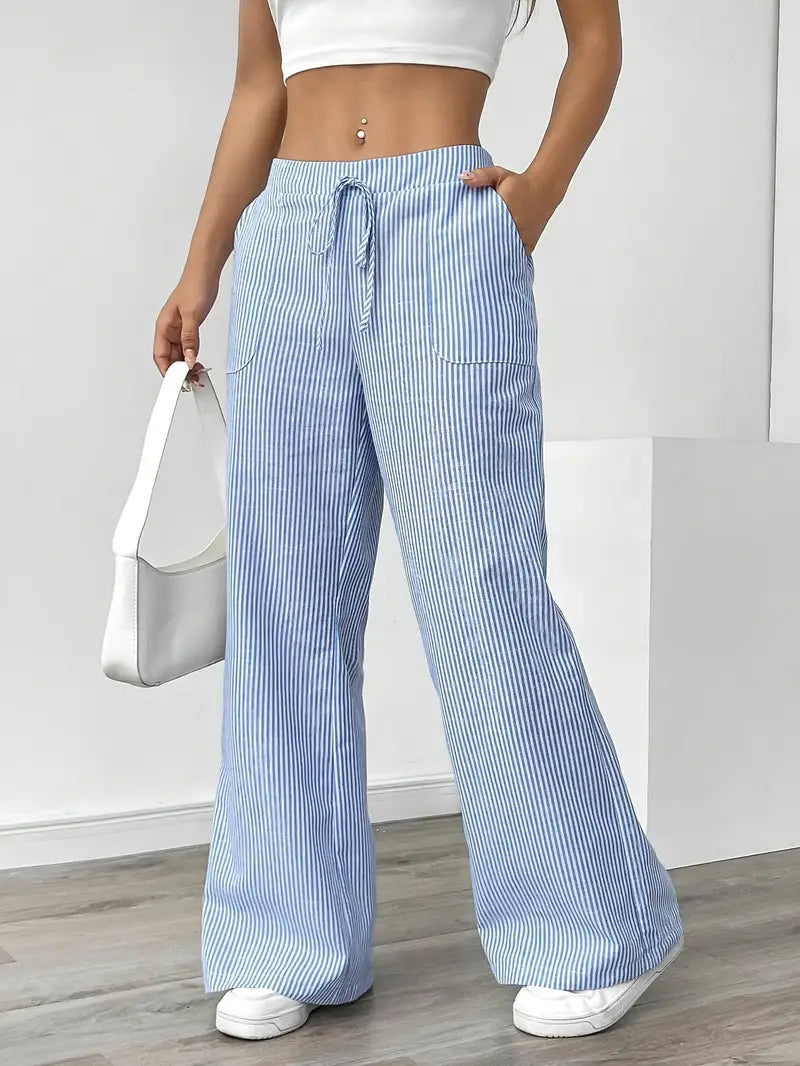 Isola | Wide Leg Trousers for Women - Striped Flared Drawstring Boho Beach Summer Fit-Women's Pants-Yellow-S-Camoufit