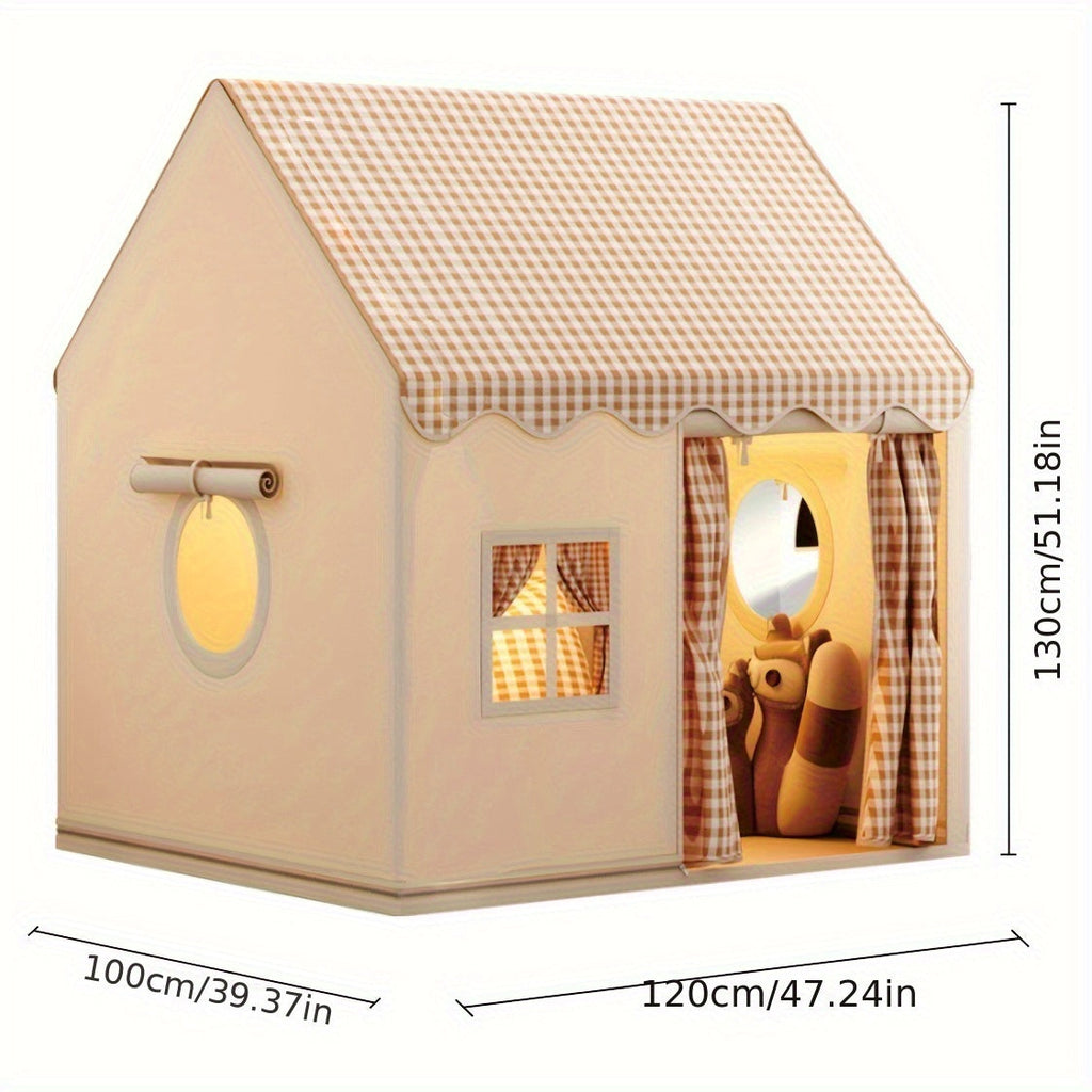 Kids play tent with gingham canopy and measurements shown on sides
