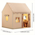 Kids play tent with gingham canopy and measurements shown on sides