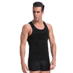 Men's compression tank undershirt, black sleeveless; front view on model