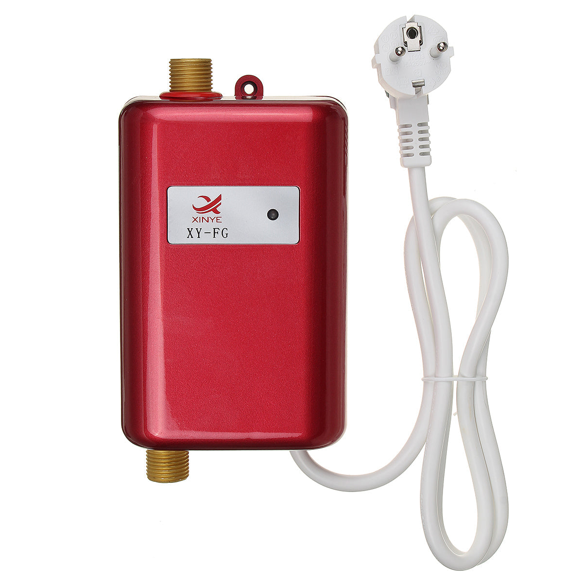 Tankless electric water heater with red housing, digital display, and EU plug power cord