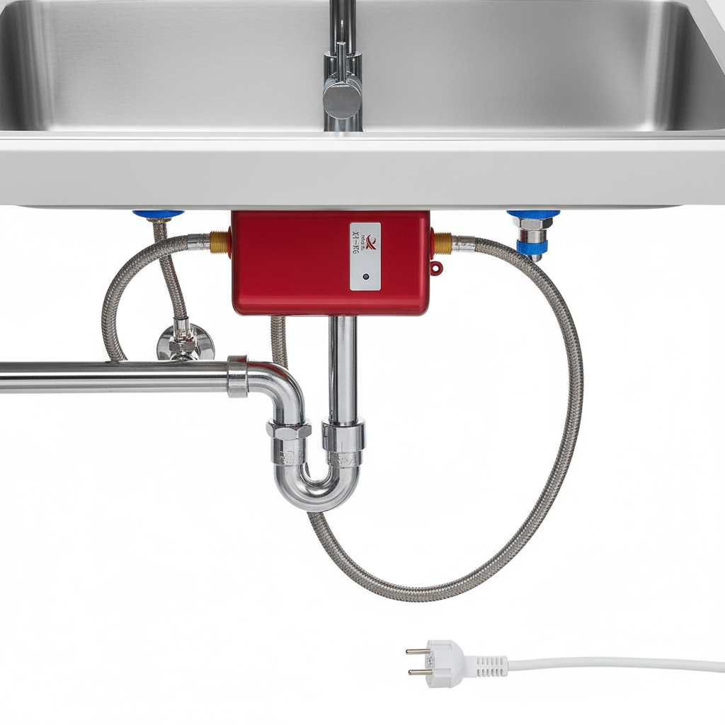 Under-sink tankless electric water heater with red casing, cables, and braided hoses