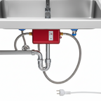 Under-sink tankless electric water heater with red casing, cables, and braided hoses