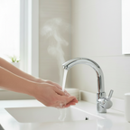Faucet with running water as a tankless point-of-use electric heater delivers hot water