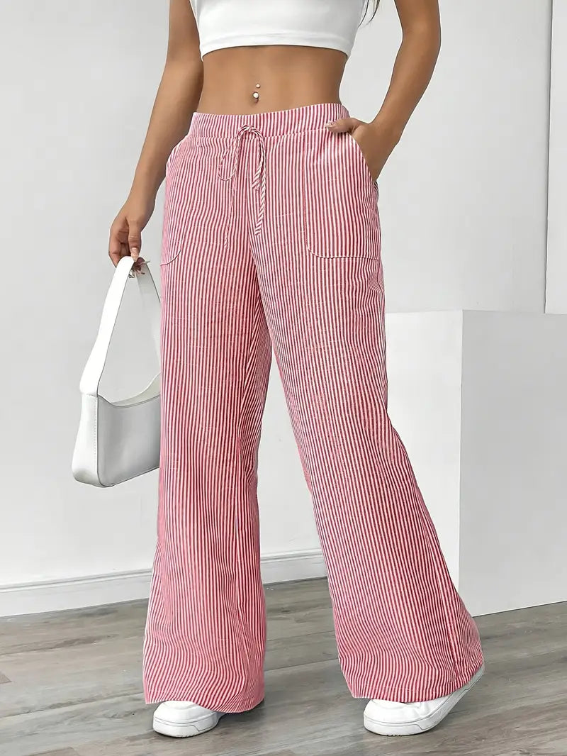 Isola | Wide Leg Trousers for Women - Striped Flared Drawstring Boho Beach Summer Fit-Women's Pants-Yellow-S-Camoufit
