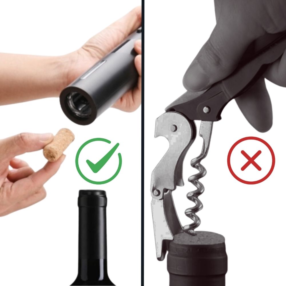 Electric wine opener showing automatic use and a manual-style corkscrew comparison