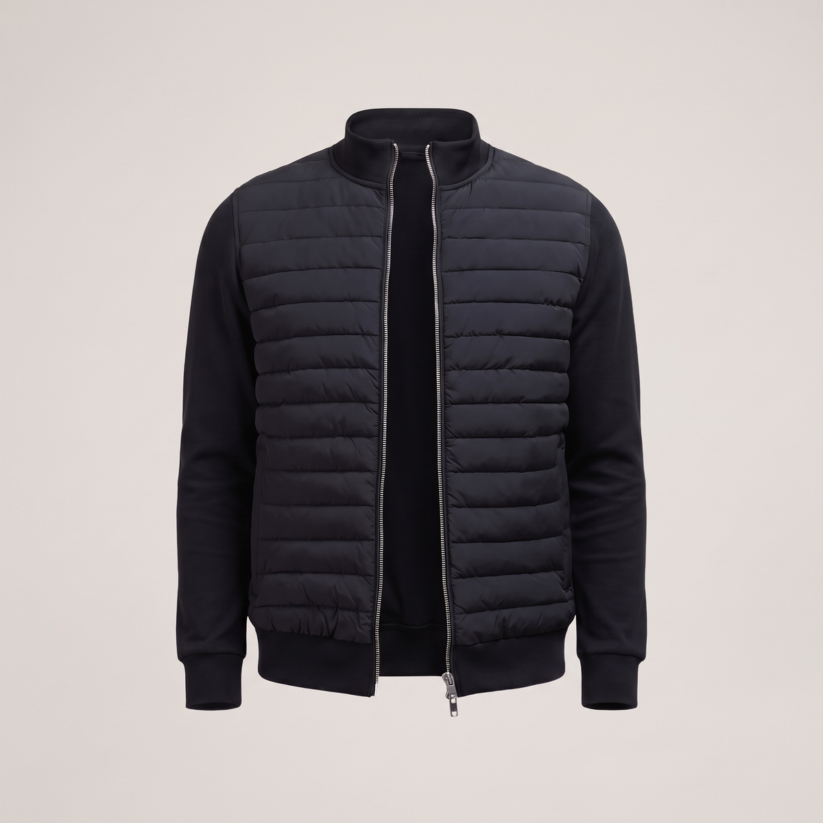 Men's black quilted puffer jacket with high collar and full-zip front