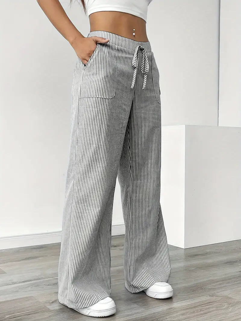 Isola | Wide Leg Trousers for Women - Striped Flared Drawstring Boho Beach Summer Fit-Women's Pants-Yellow-S-Camoufit