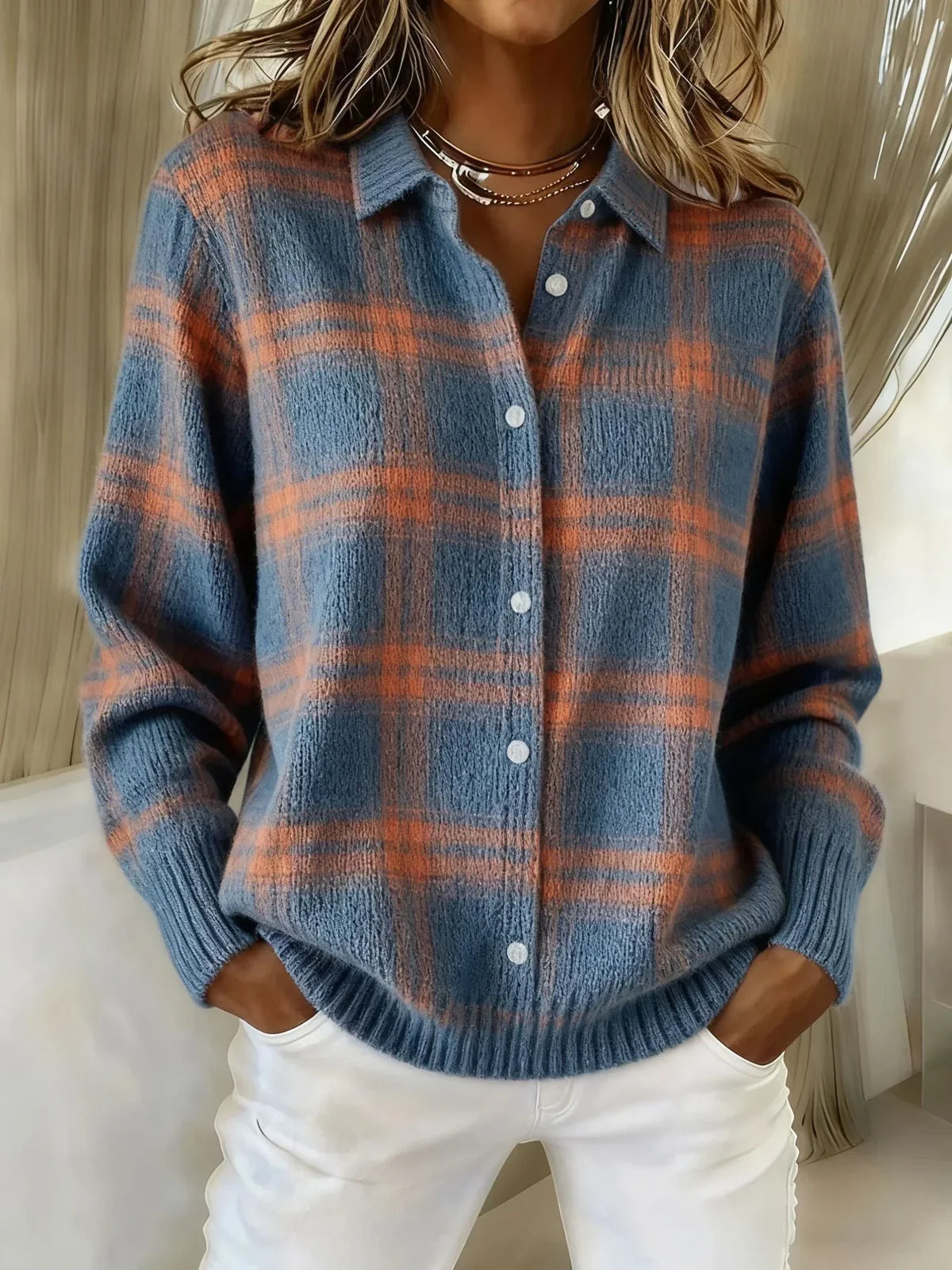 Zahara | Women's Relaxed Plaid Cardigan Sweater - Loose Fit V-Neck Button-Down Tartan Knit Jacket with Pockets for Fall & Winter