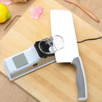 Electric knife sharpener with gray handle grip and clear front sharpening cover