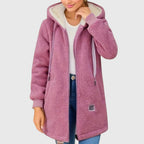 Women's teddy coat with hood, pink sherpa fleece, full-zip front and side pockets