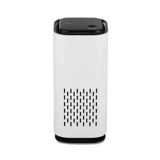 White cylindrical air purifier with top controls and front vent grille