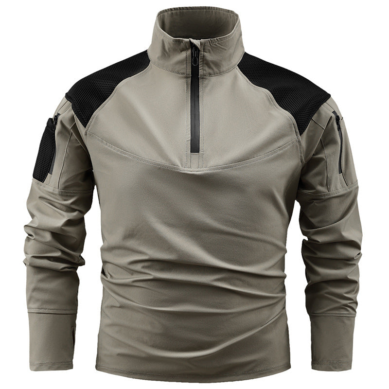 Elvano | Combat Shirt for Men - Long Sleeve Mesh Vent Zip Guard Nylon Stretch Tactical Fit-Tactical Top-Khaki-M-Camoufit