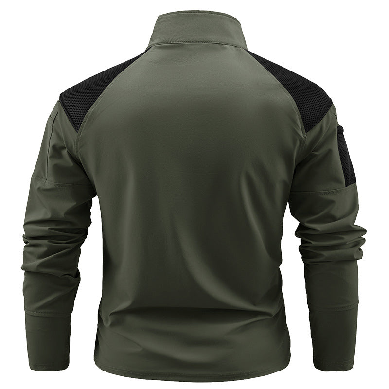 Elvano | Combat Shirt for Men - Long Sleeve Mesh Vent Zip Guard Nylon Stretch Tactical Fit-Tactical Top-Khaki-M-Camoufit