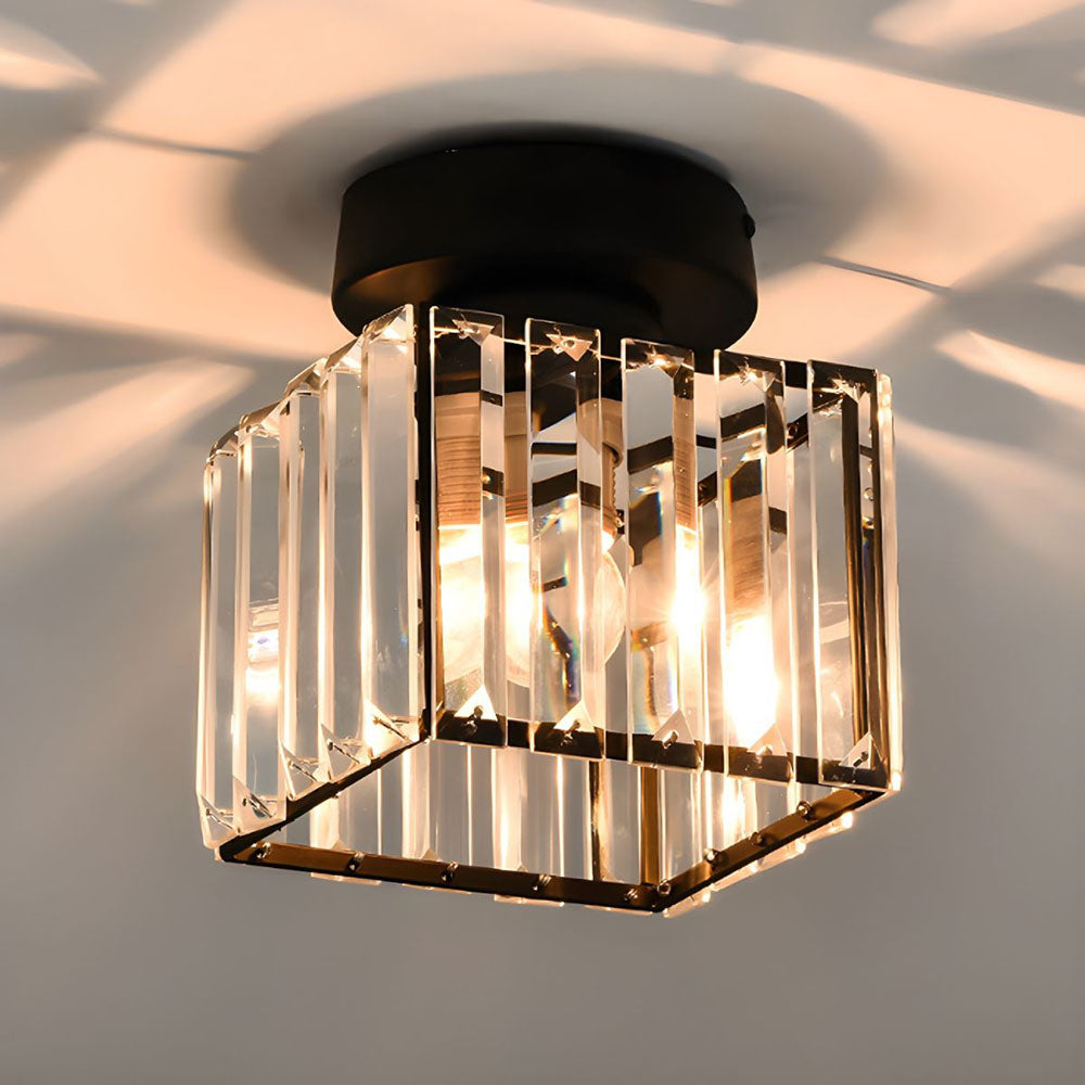 Modern Crystal Ceiling Lamp – Crystal Flush Mount Ceiling Light with Brass Fixture, Round or Square, Gold or Black – CrystalGlow