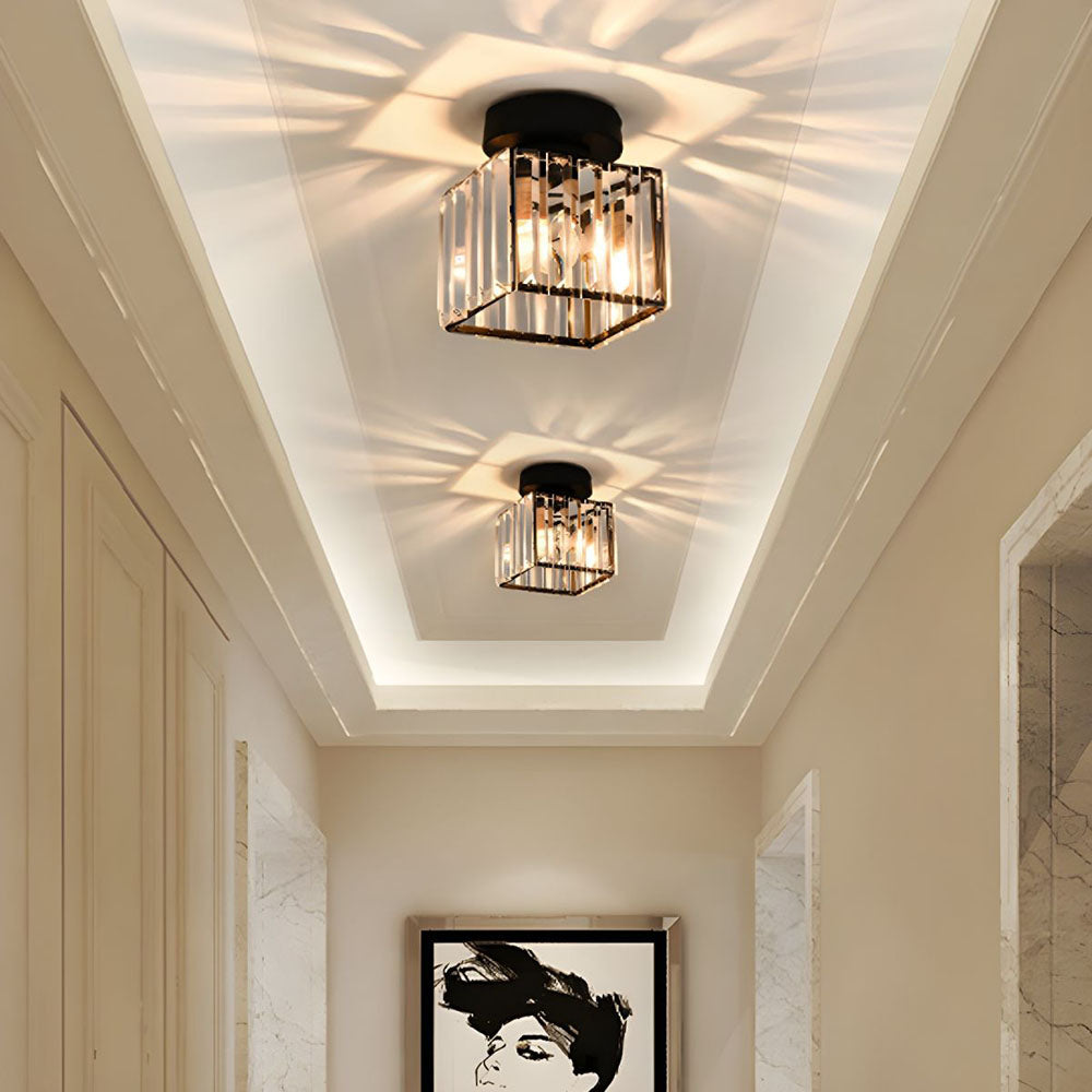 Modern Crystal Ceiling Lamp – Crystal Flush Mount Ceiling Light with Brass Fixture, Round or Square, Gold or Black – CrystalGlow