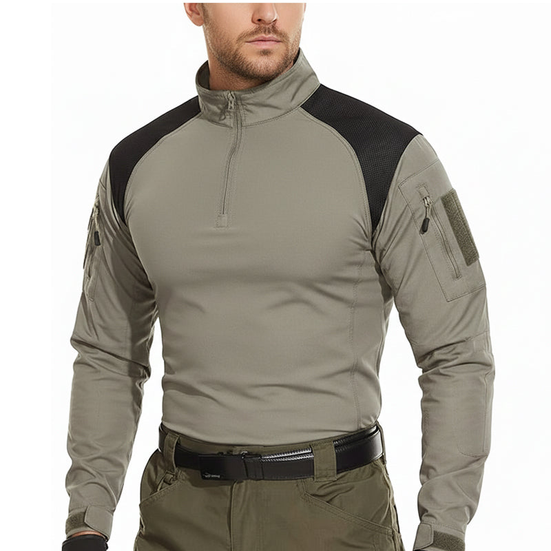 Elvano | Combat Shirt for Men - Long Sleeve Mesh Vent Zip Guard Nylon Stretch Tactical Fit-Tactical Top-Khaki-M-Camoufit
