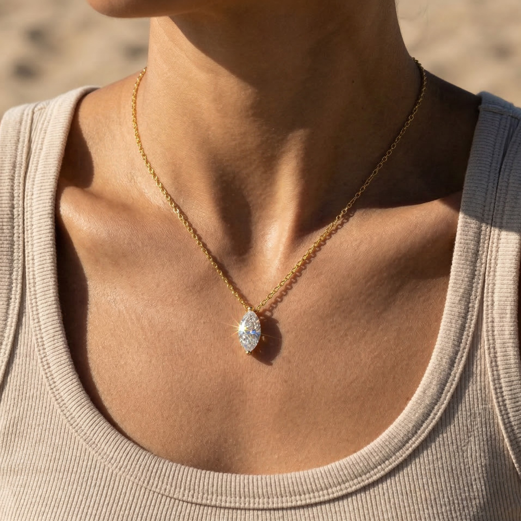Rovelle | Marquise Pendant Necklace for Women - Sparkling Stone Elegant Minimalist Fit-Necklaces-Gold-Camoufit