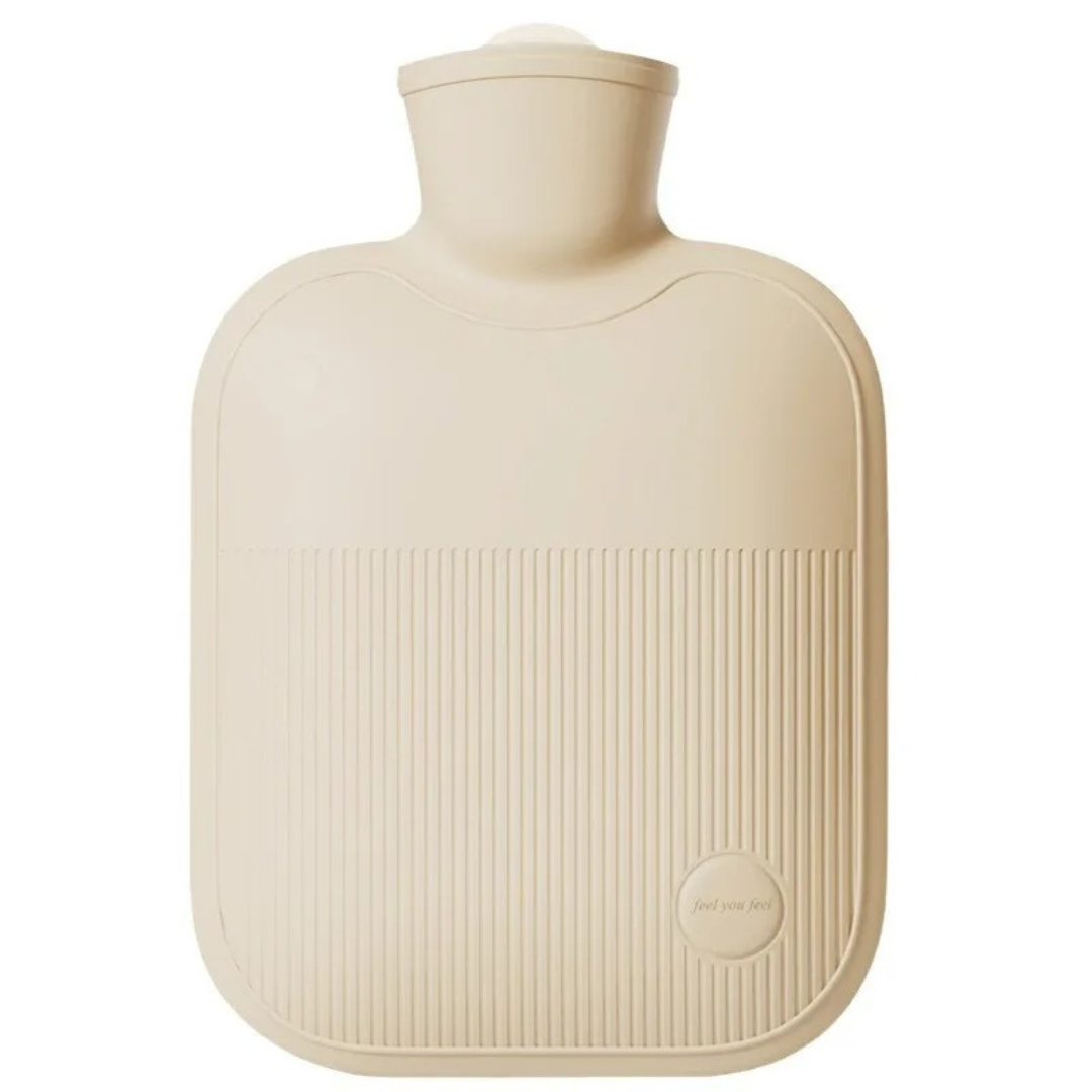 Large hot water bottle with ribbed soft cover, beige, wide screw-top