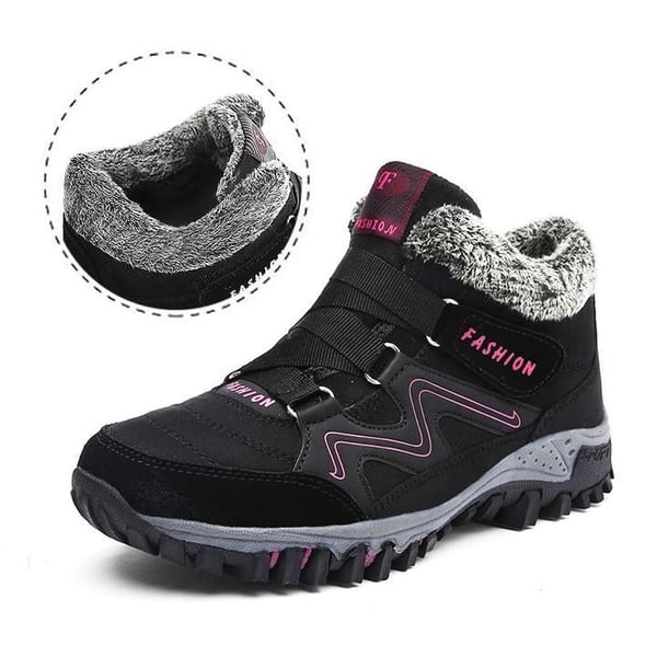 Unisex winter boots, black suede with faux fur lining and textured tread sole