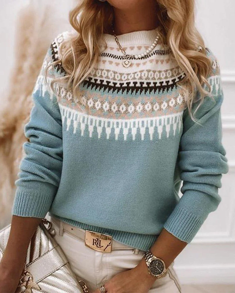 Zahara | Women's Geometric Knit Sweater - Long Sleeve Pattern Pullover
