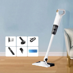 Cordless vacuum mop with flat floor brush and white handle