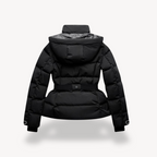 Women's belted puffer jacket with hood, quilted black winter coat