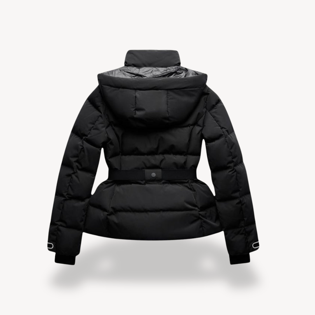 Women's belted puffer jacket with hood, quilted black winter coat