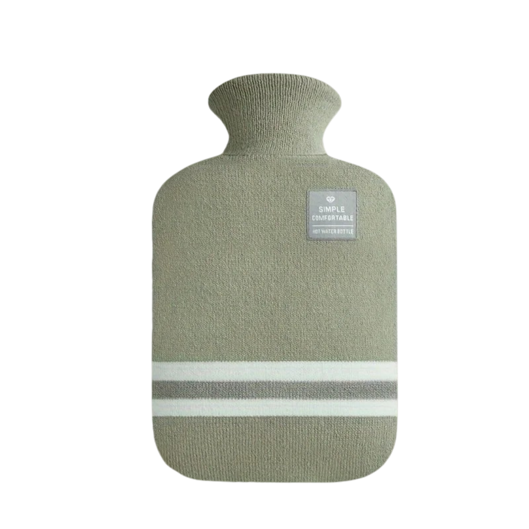 Olive knit hot water bottle cover with striped band and front label
