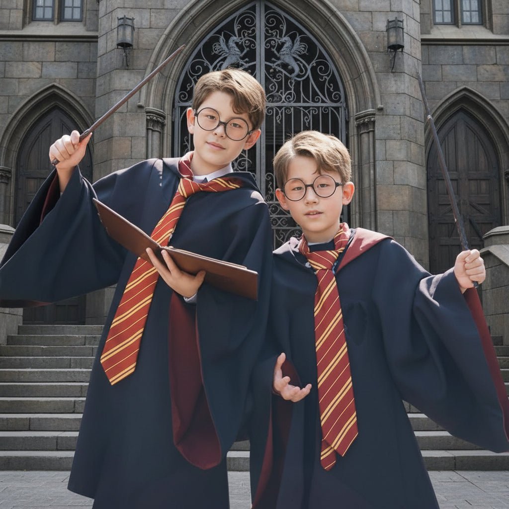 Kids wizard costume with black robe, striped tie, and round glasses