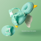 Teal padded head protector backpack with adjustable straps and strap close-up