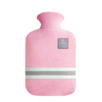 Pink knit hot water bottle with ribbed collar, striped band, and label