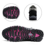 Unisex winter boots outsole detail with purple tread accents and faux fur heel lining