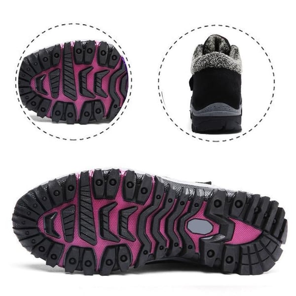 Unisex winter boots outsole detail with purple tread accents and faux fur heel lining