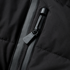 Black puffer jacket front zipper with glossy pull tab