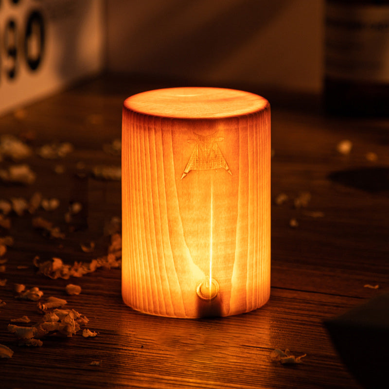 WoodGlow wood-look LED table lamp, cylindrical shape, warm glowing top and touch control