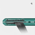 Mini 2-in-1 travel curling and straightening iron, teal/green barrel close-up