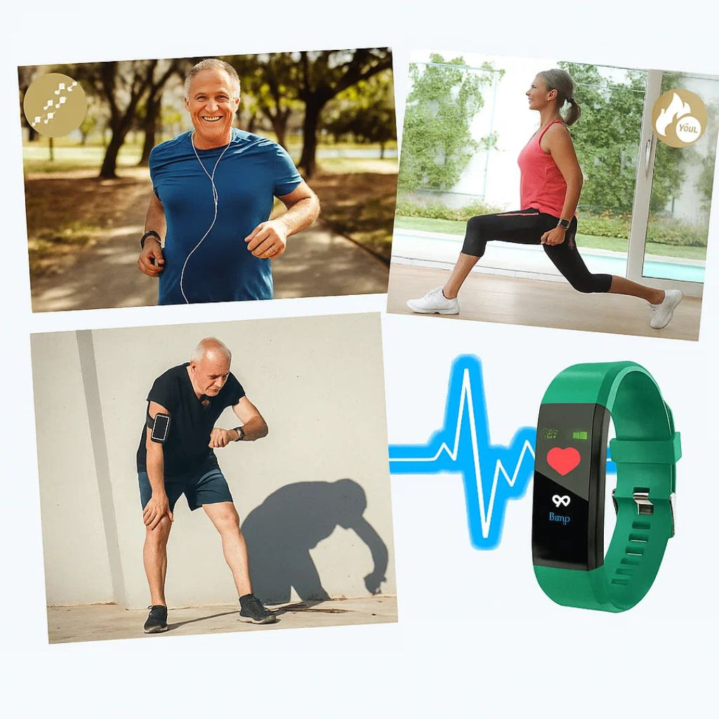 Safety smartwatch display collage with multiple colored watches and health icons