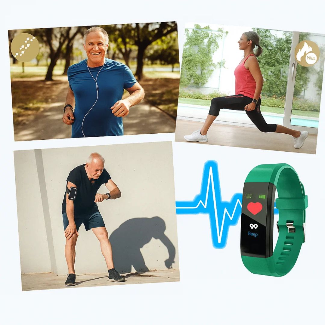 Safety smartwatch display collage with multiple colored watches and health icons