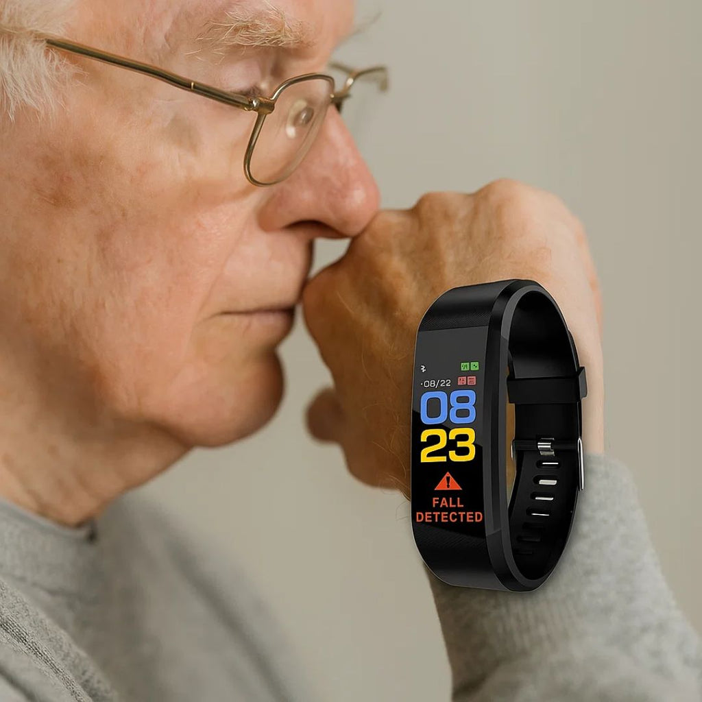 Black safety smartwatch worn on wrist, with fall detected alert on display