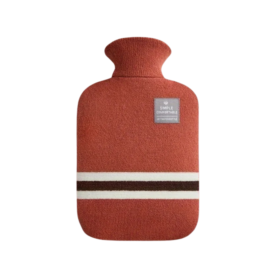 Rust-orange knit hot water bottle cover with striped band and label