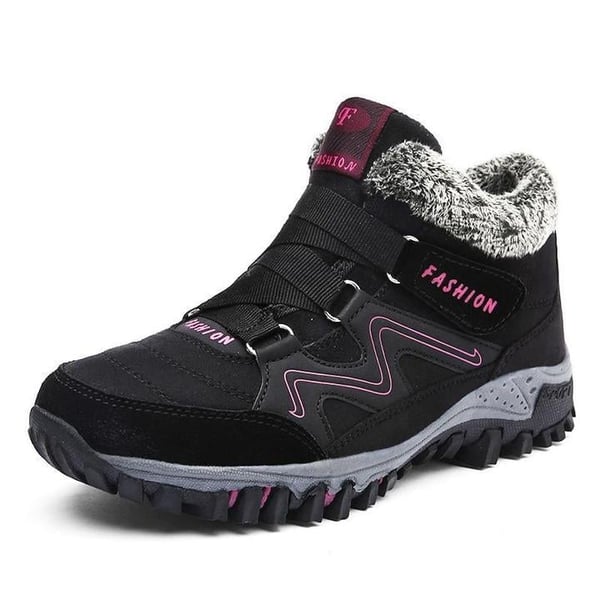 Unisex winter boots in black suede with faux fur collar and purple trim accents