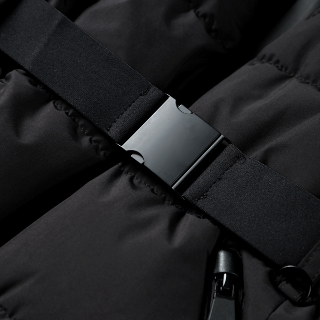 Black jacket zip pocket with fabric tab and zipper pull