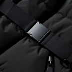 Black jacket zip pocket with fabric tab and zipper pull