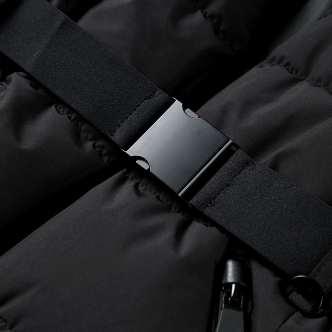 Black jacket zip pocket with fabric tab and zipper pull
